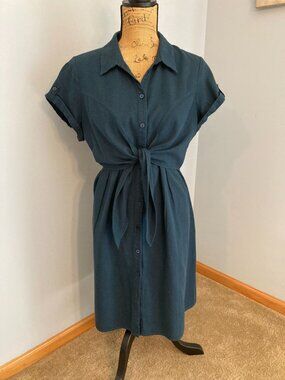 Button-Front Midi Shirt Dress Women Size Large Linen Blend by Ripe -- Biro Blue